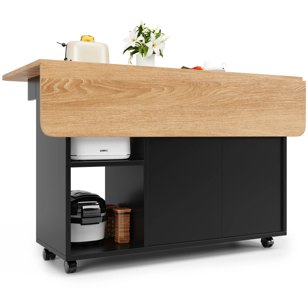 Carrello da Cucina con Piano Ribaltabile; 2 Vani Chiusi; Ripiani Aperti e Ruote; in MDF e Vetro; 120x30x79.5 cm; Nero e Naturale