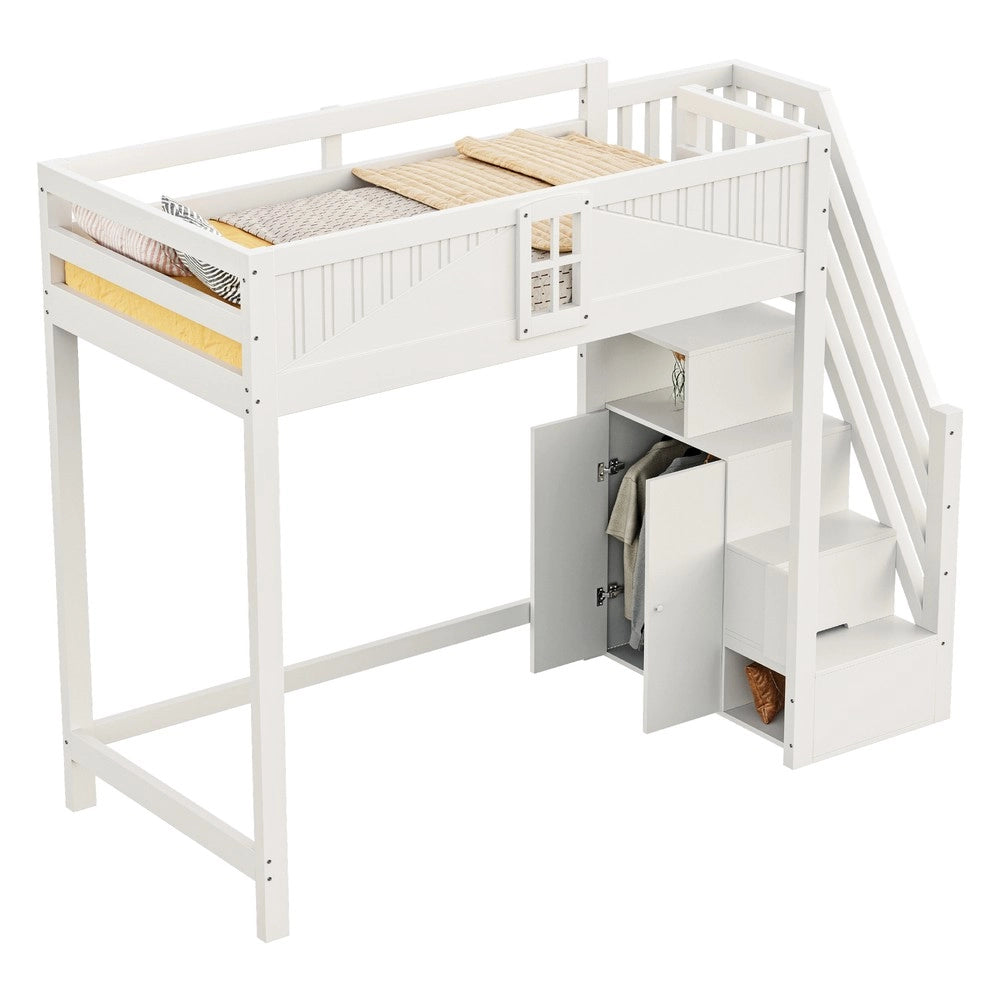 Letto a Soppalco in Legno Massello con Scaletta di Sicurezza ¨C MINIMAL ¨C 90x200 Bianco