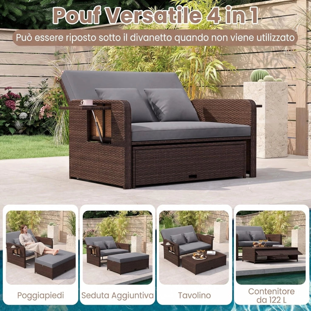 Lettino Prendisole in Rattan, Set 2 Pezzi con Divanetto & Pouf Contenitore, Schienale Regolabile a 4 Livelli e Tavolini Laterali Pieghevoli, Sdraio Doppia per Giardino e Piscina (Grigio)