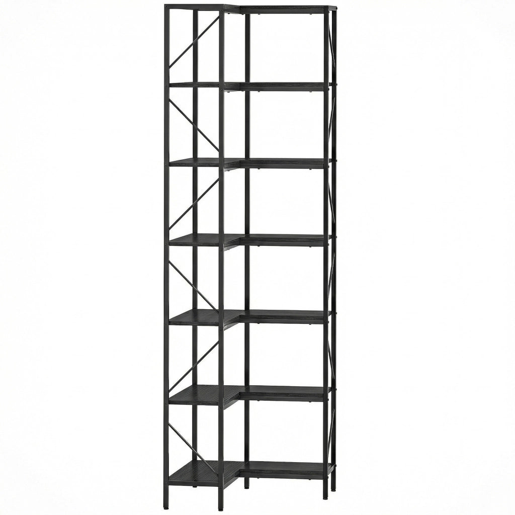 Libreria ad Angolo 60x60x198 cm a 7 Ripiani StileIndustriale Telaio in Metallo Effetto Legno Nero