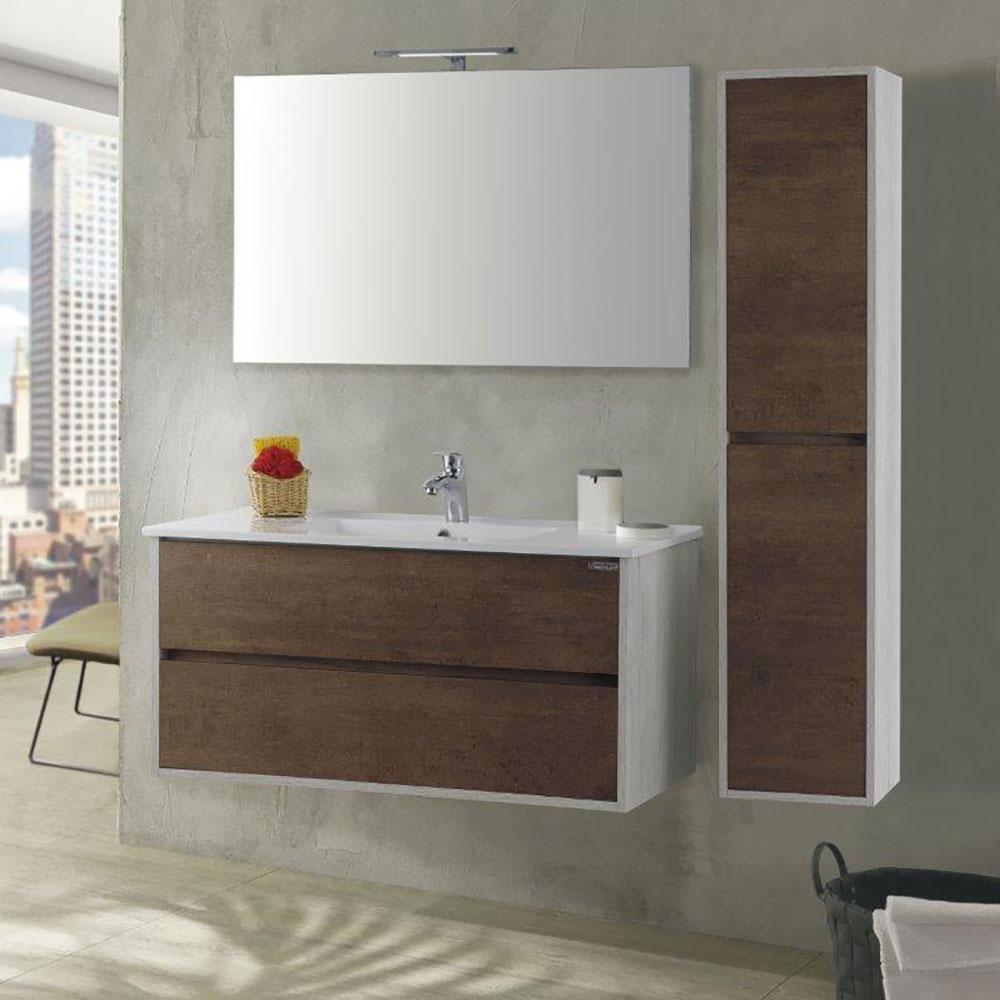 Mobile da Bagno Sospeso 90cm Colonna P32cm Mazzoni Maiorca Plus Noce Scuro Frassinato