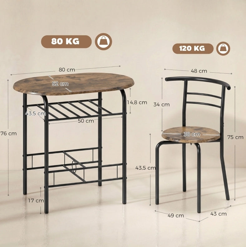 Set tavolo da pranzo 3 pezzi per 2 persone con ripiano; 80x52x76 cm; marrone rustico