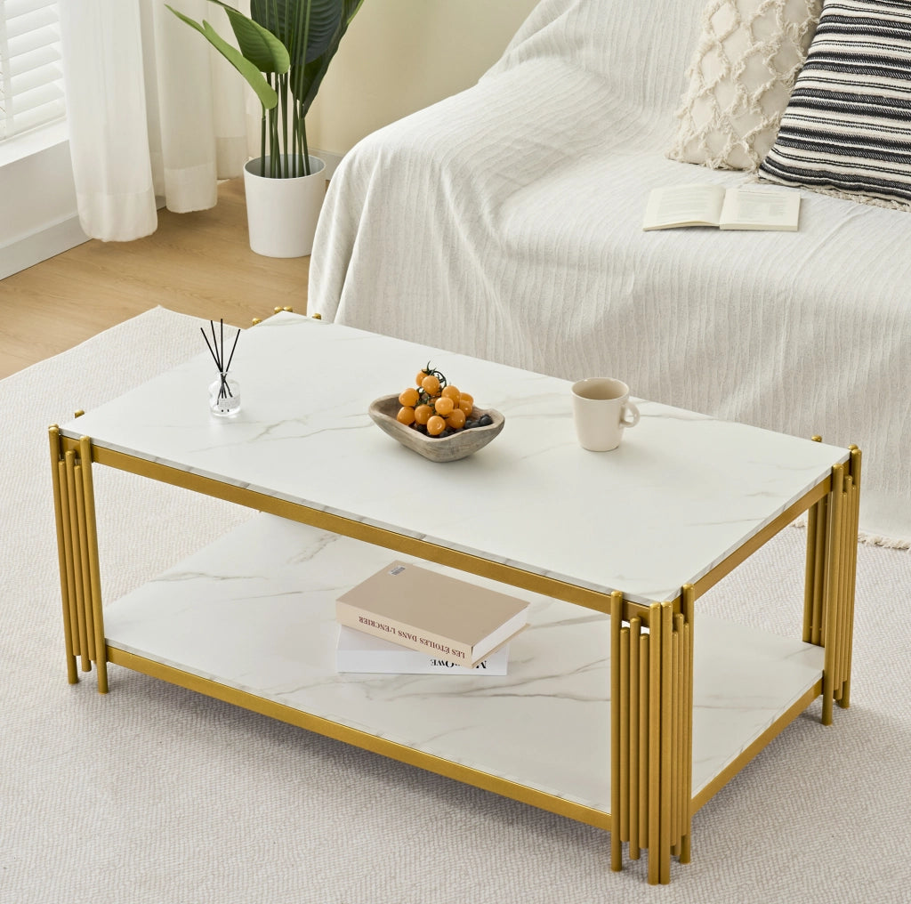 Tavolino da caffè 1140x64x46 cm con 2 ripiani; struttura in metallo e MDF; bianco oro