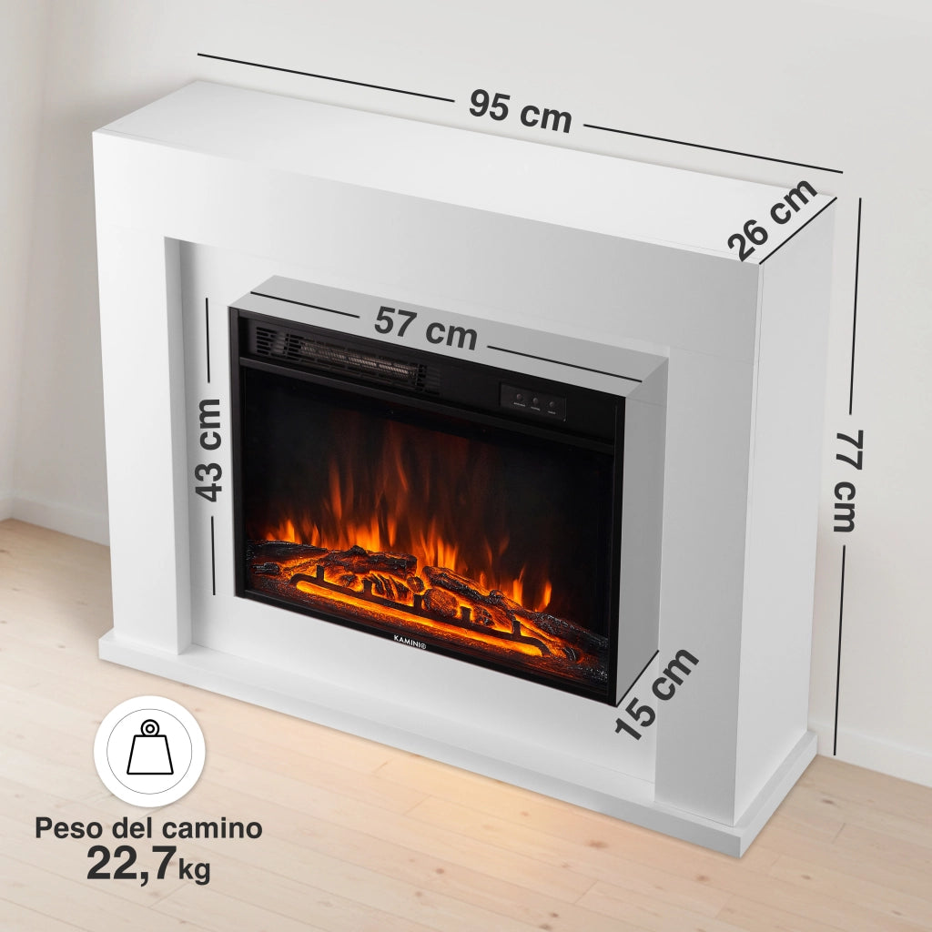 KAMINIO Camino elettrico MATTI - Caminetto da pavimento con riscaldamento, effetto fiamma 3D, luce ambiente a LED, telecomando - 38 pollici, Bianco