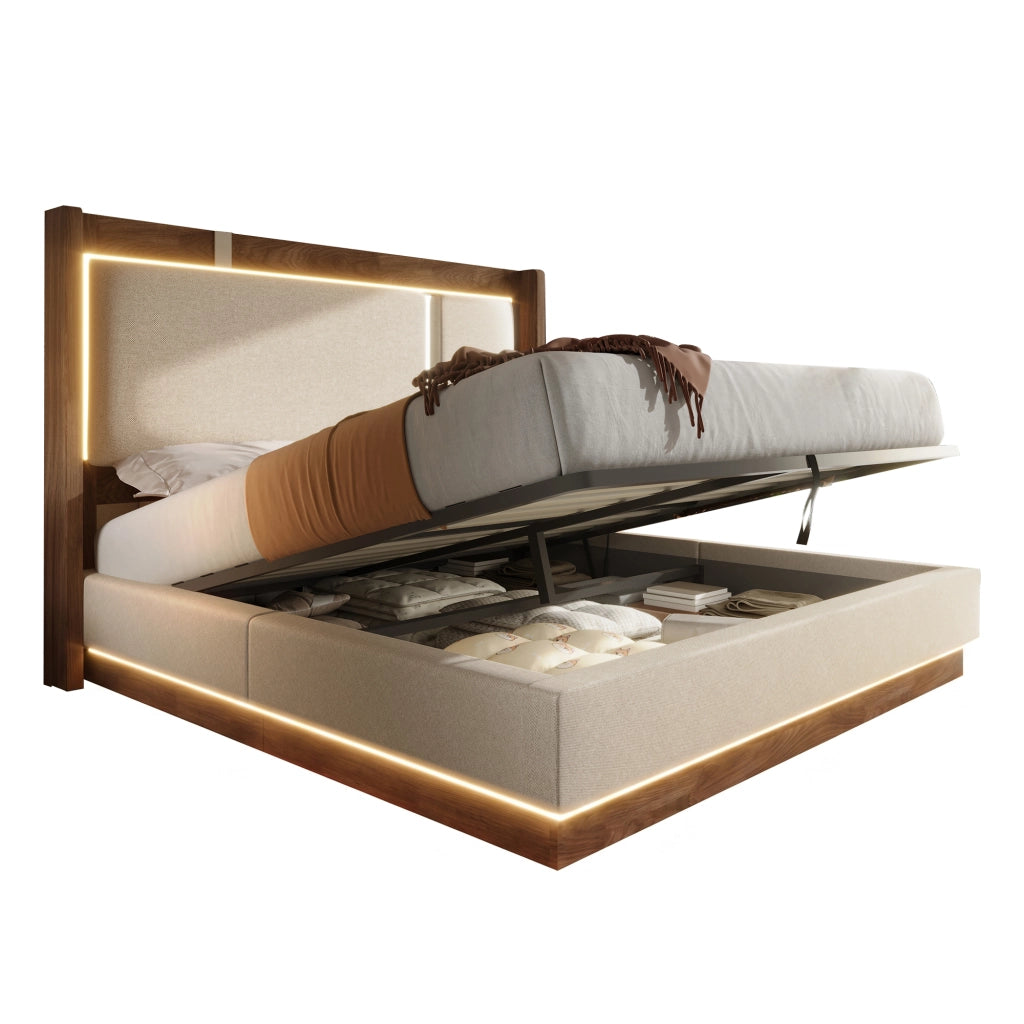 Letto matrimoniale 140x200 cm in stile retrò con LED, contenitore idraulico e rete a doghe, beige