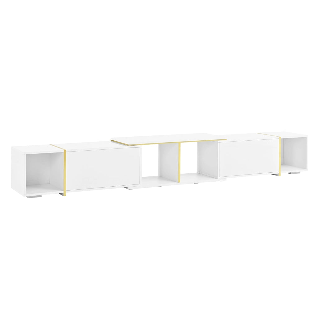 Mobile TV estensibile con frontali lucidi; 2 vani aperti e spazi chiusi; per soggiorno; 275 × 35 × 37 cm
