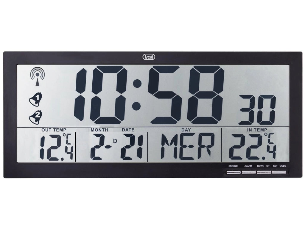 Trevi 0M353000 OM 3530 RC Orologio digitale Radiocontrollato con Sensore Esterno Temperatura Interna e Esterna Sveglia Programmabile Formato 12 24 Ore Display LCD Grande Angolo di Visione Muro Tavolo colore Nero