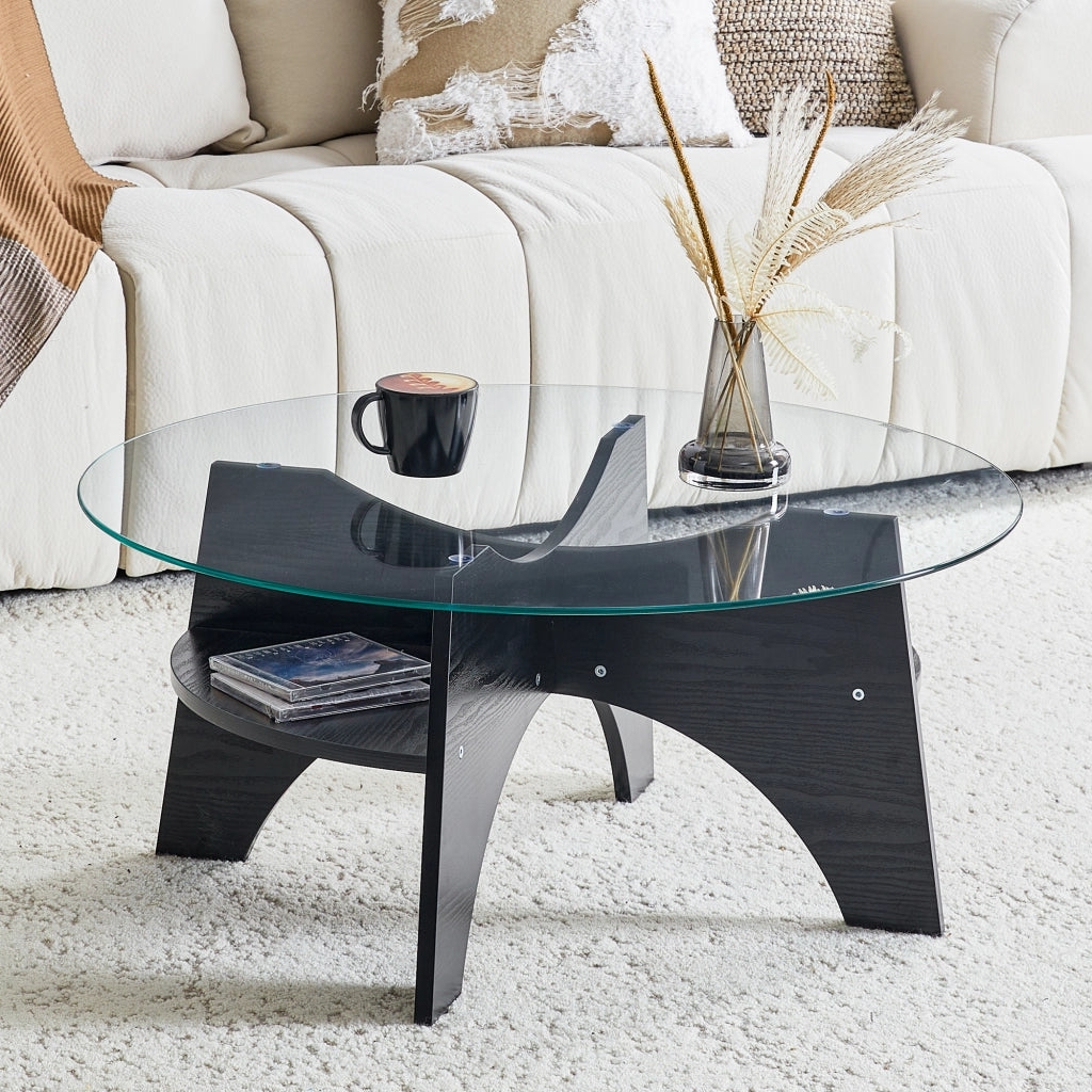 Tavolino da caffè rotondo con base in MDF e piano in vetro - per soggiorno - Ø 80 cm