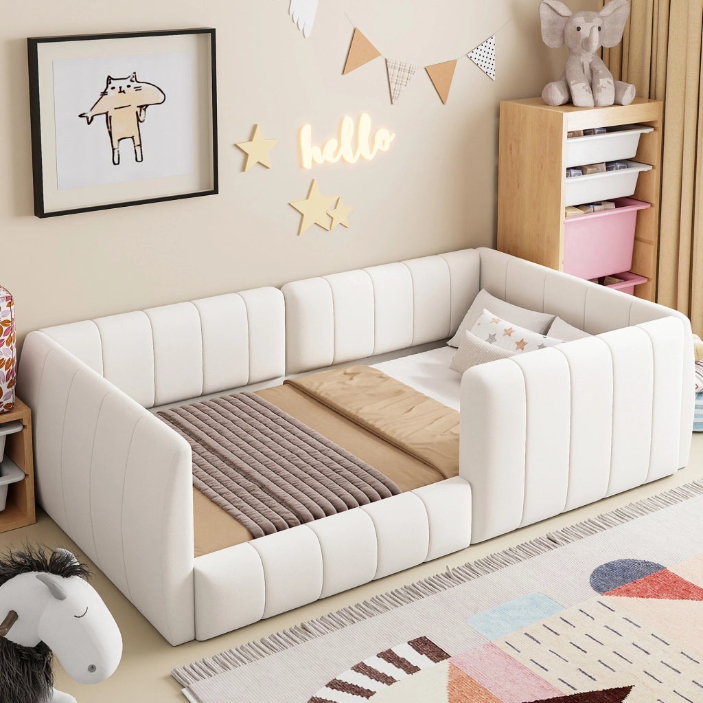 Letto singolo imbottito 90x200 cm con sponde di sicurezza; in velluto beige