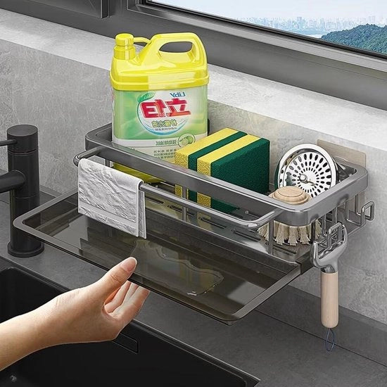 Organizzatore di vaschetta con supporto per spugna - sottopiano per asciugatrice in acciaio inossidabile - organizzatore per lavastoviglie e cucina - piastra di scarico - grigio con colla, Senza foratura