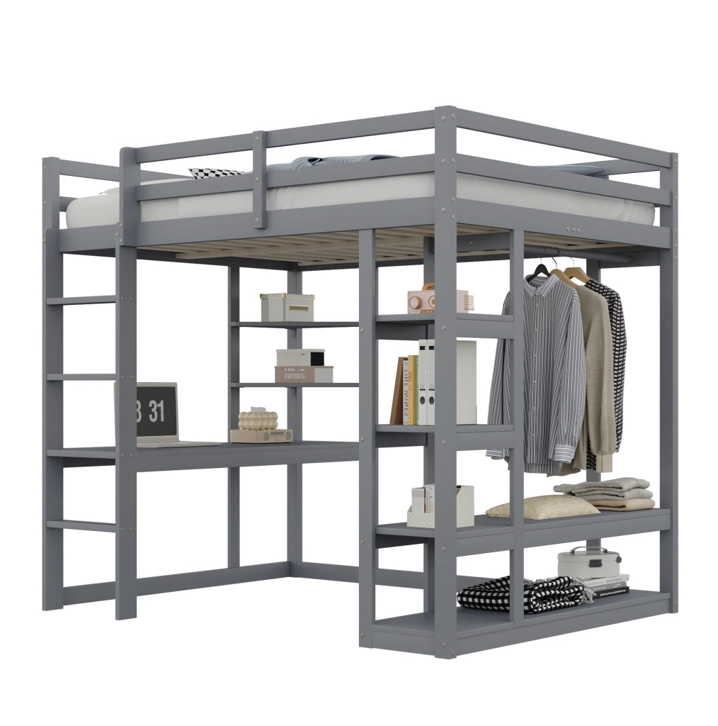Letto a soppalco 140x200 cm in legno grigio con scrivania; armadio e ripiani