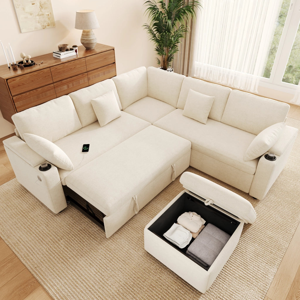 Divano angolare convertibile con pouf contenitore USB Type-C portabicchieri e vani bracciolo in chenille beige