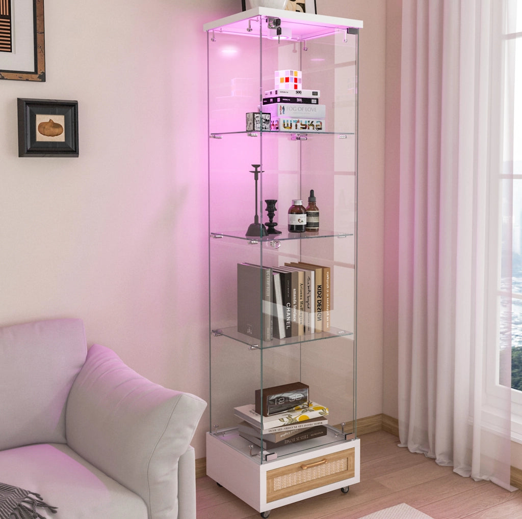 Vetrina a 4 Ripiani con Vetro Temperato, LED RGB e Cassetti Bloccabili su Ruote
