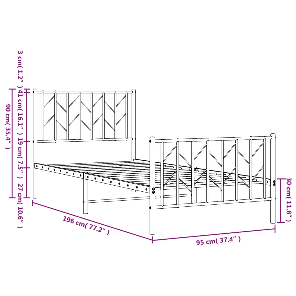 Letto singolo | Letto per adulti | Giroletto con Testiera e Pediera Metallo Nero 90x190 cm