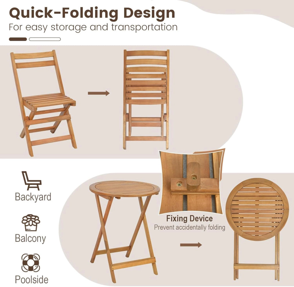 Set Tavolo e Sedie Pieghevoli a 3 Pezzi, 1 Tavolo Rotondo e 2 Sedie con Schienale, Set Mobili da Giardino in Legno di Acacia, Set Bistro con Sedile a Doghe per Interno ed Esterno, Naturale