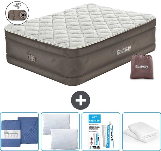 Letto gonfiabile 2 posti - 152 x 203 x 51 cm - Marrone - Incluso compressore - Telo gonfiabile - Cuscino - Protezione cuscino e Kit di riparazione