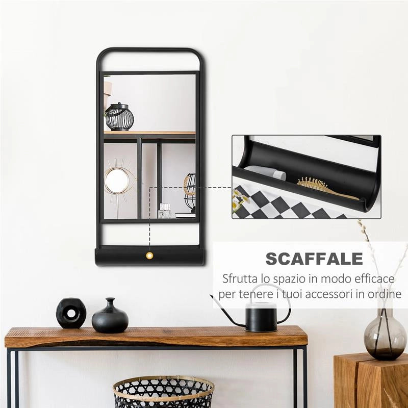 SPECCHIO DA PARETE CON MENSOLA INFERIORE E STRUTTURA IN METALLO, 36.2X12X71.7CM, NERO