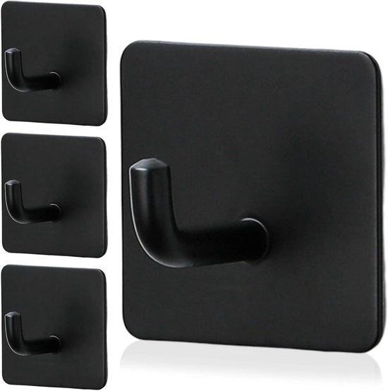 Haken Self-Adesivi Neri Mat - 4 pezzi - Acciaio Inossidabile - Per Cucina e Bagno - Asciugamani - Senza Foratura