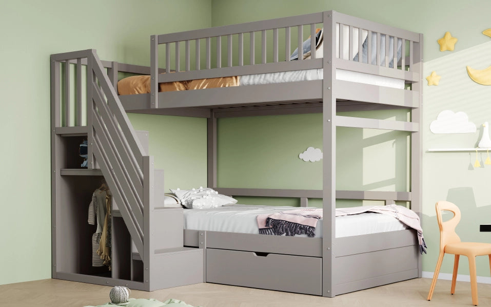 Letto a castello 90x200 cm con scala contenitore; sponde di sicurezza e cassetti in legno grigio