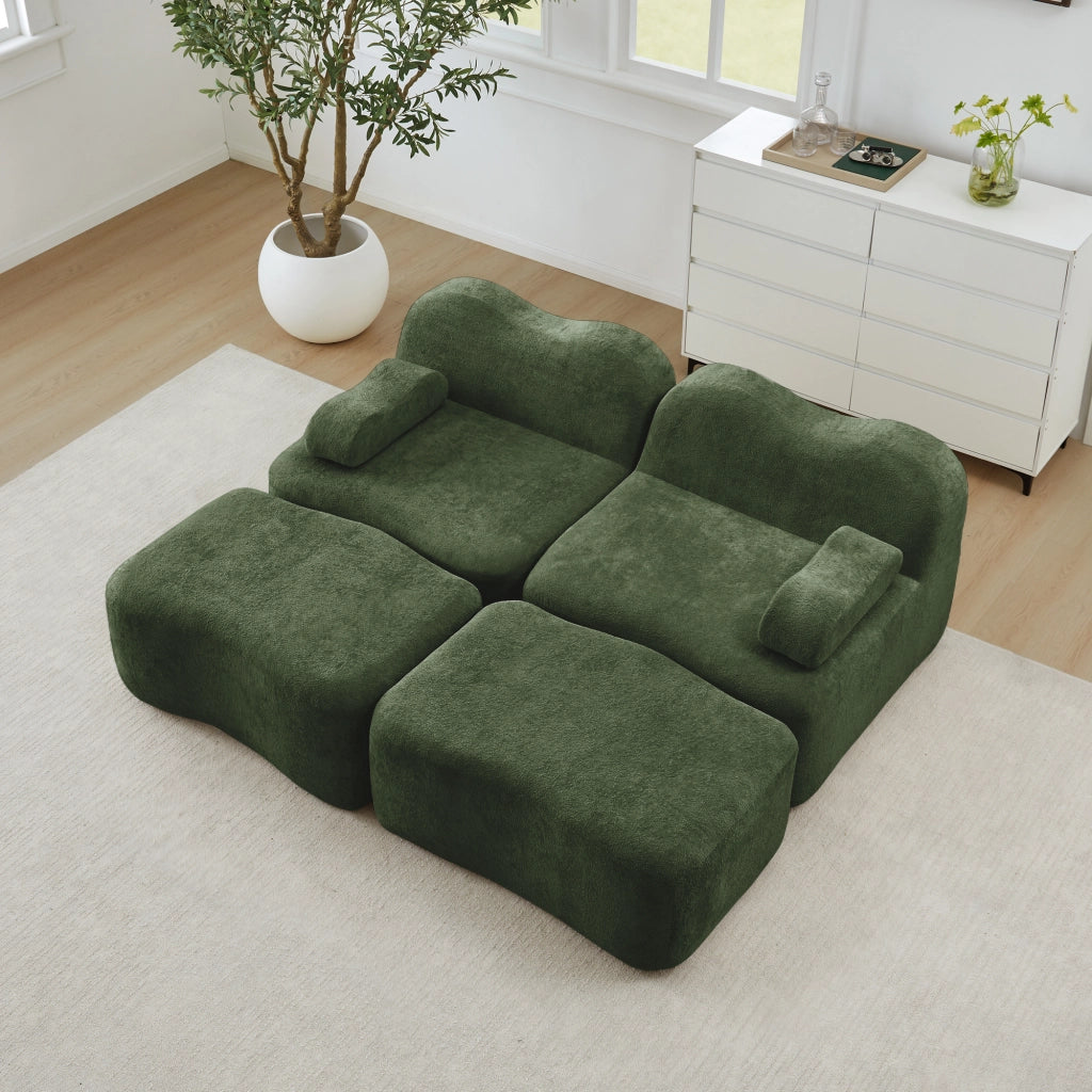 Canapé modulaire 2 posti con pouf collegabili, seduta profonda e schiuma ad alta densità per soggiorno in velluto verde