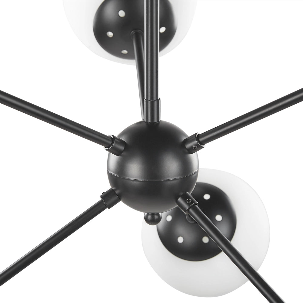 Lampada a Sospensione in Metallo Nero da 100 cm con 6 Lampadine e Paralumi in Vetro Bianco