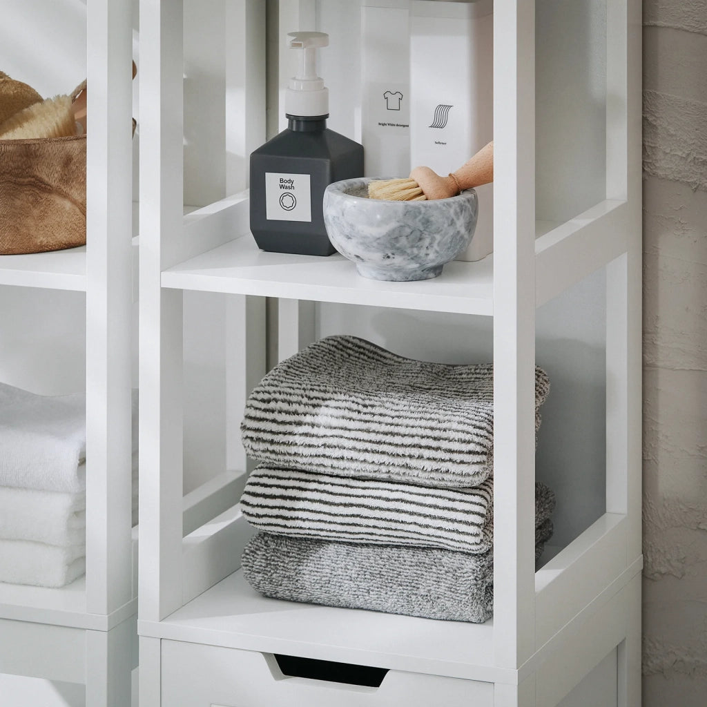 Mobile Alto Con Sacco Portabiancheria Pieghevole Mobiletto Bagno Scaffale Bianco 30x30x145cm BZR123-W SoBuy