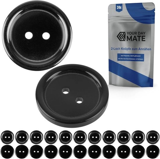 Bottoni per abbigliamento, 24 pezzi, 2 occhi, Ø 25,4 mm, in nero, fatti di poliestere, misura 40L, bottoni in resina per giacche, cappotti, camicie, polo, bottoni DIY in resina, bottoni per bucato, bottoni base, bottoni per ricamo
