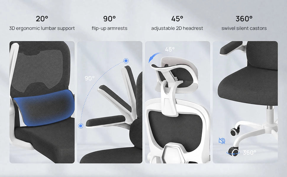 Sedia da ufficio ergonomica - Poltroncina HAMLODY - con braccioli pieghevoli a 90° - Supporto lombare - Regolabile in altezza Bianco