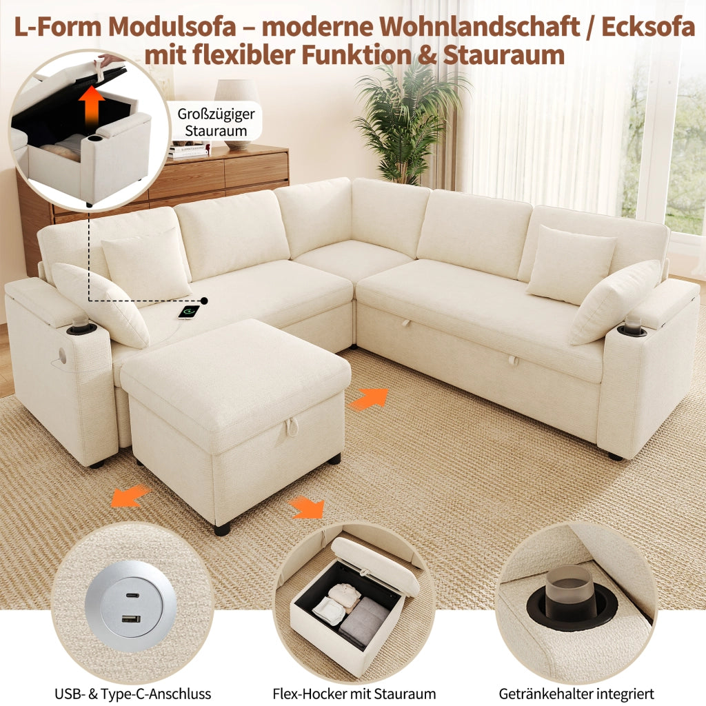 DIVANO ANGOLARE MODULARE LETTO 204x204x83 cm Chenille Beige con Hocker