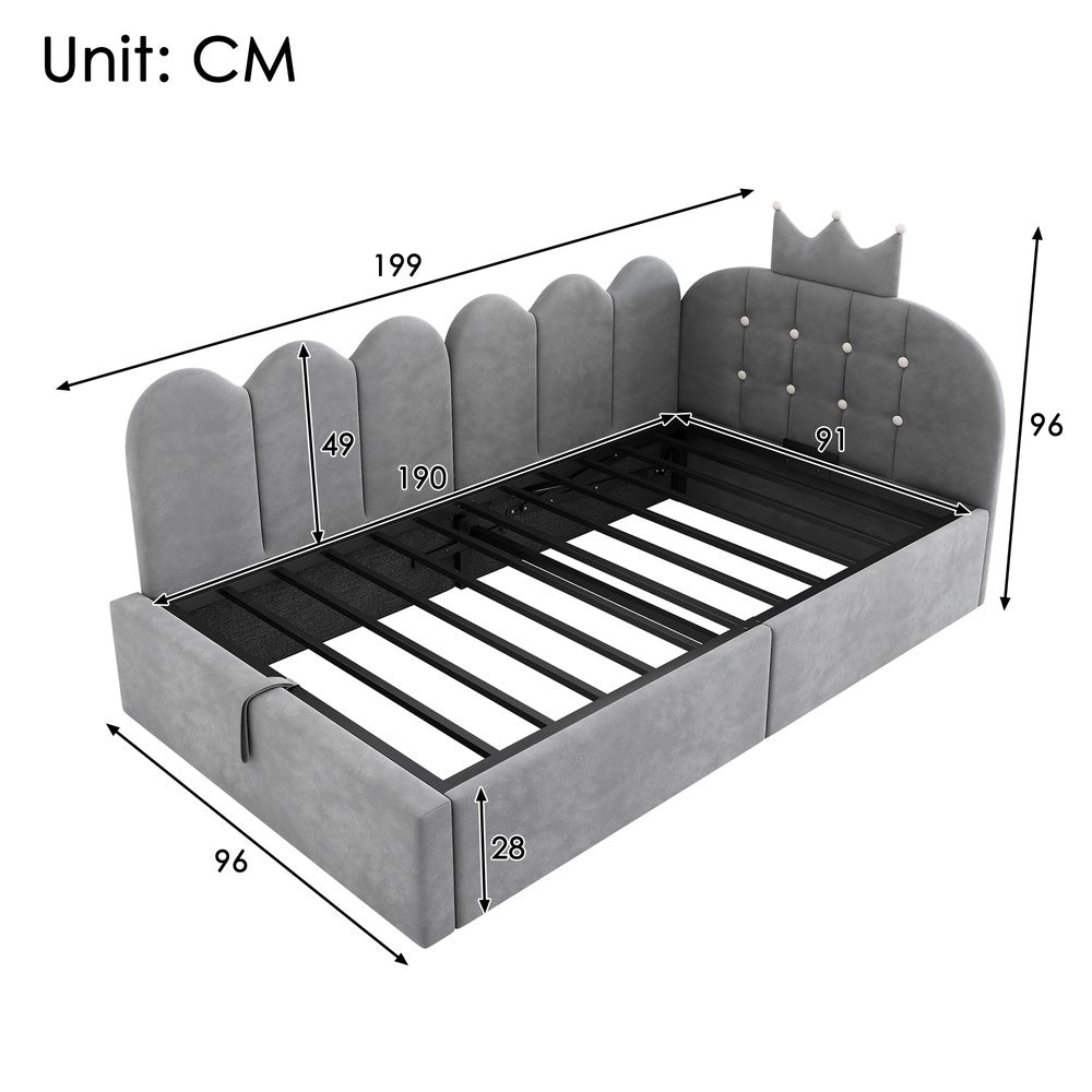 Letto Imbottito a L con Contenitore 90x190 ¨C Xylo ¨C Velluto Grigio