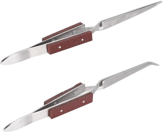 Pincette a doppia punta in acciaio inossidabile e legno con manico antiscivolo e punte rette e curve