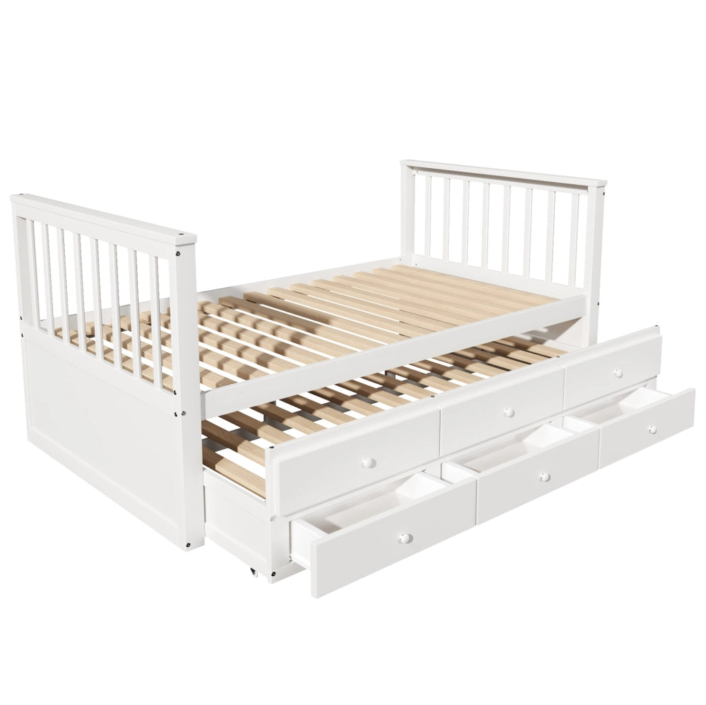 Letto a una piazza 90x200 cm con cassetti e letto estraibile in pino e MDF bianco