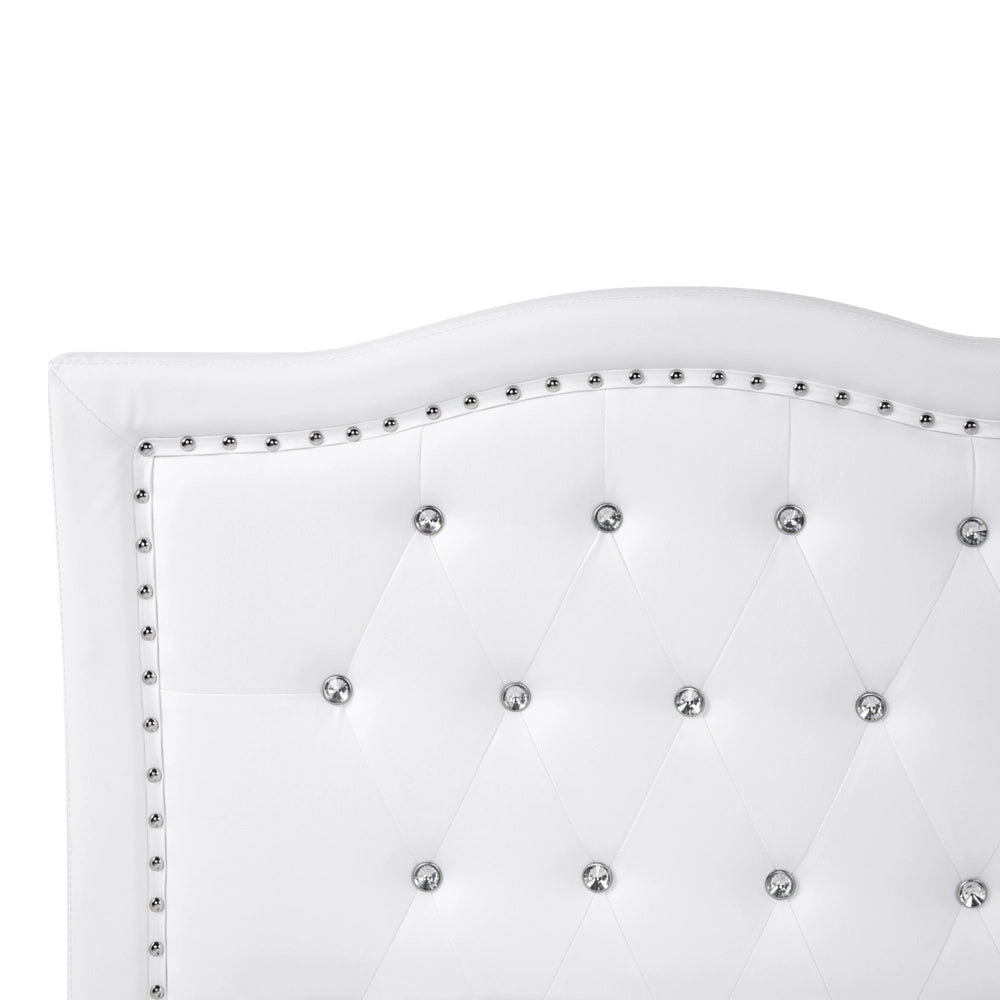 Letto 160 x 200 cm Bianco Ecopelle Cornice Imbottita Bottoni In Cristallo Bottoni Poggiatesta