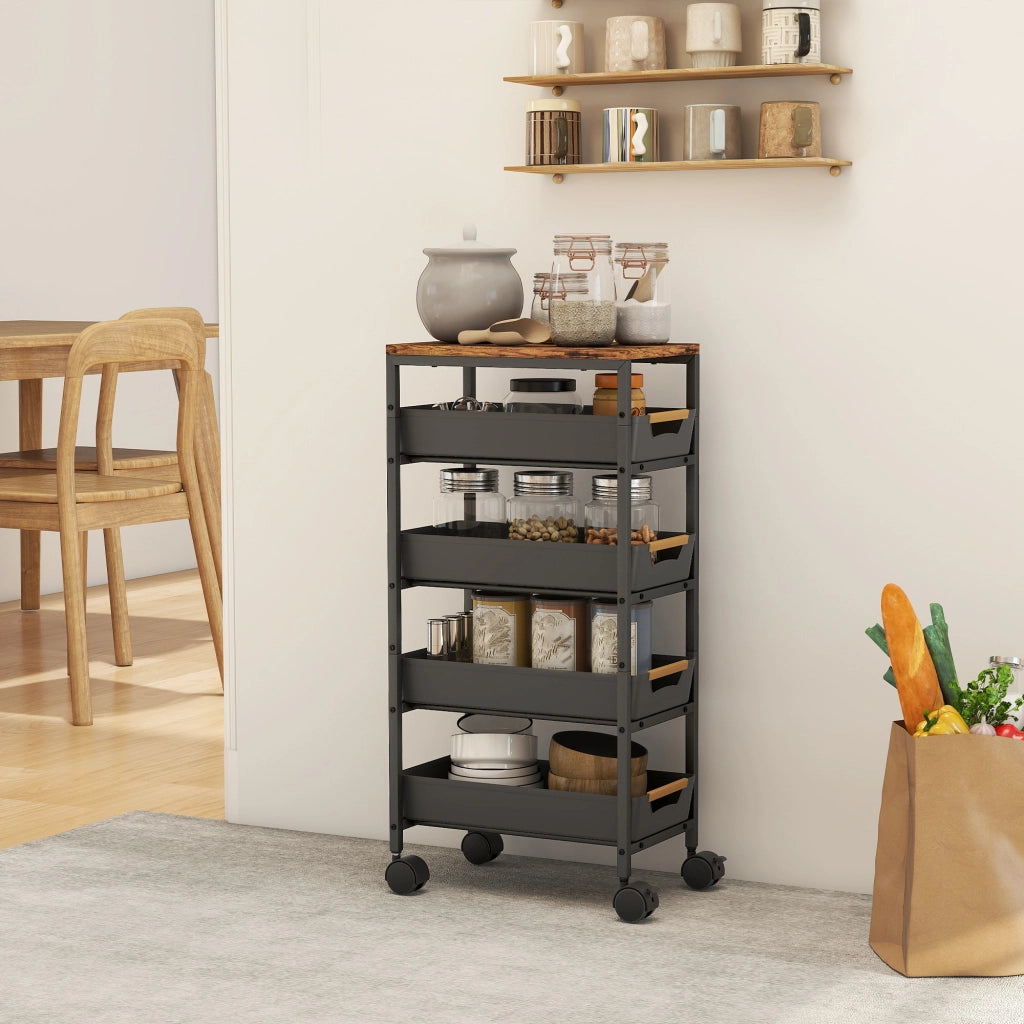 Carro da cucina con cassetti e ruote ¨C Zephmum ¨C Nero eff. legno 39.5x24x82 cm
