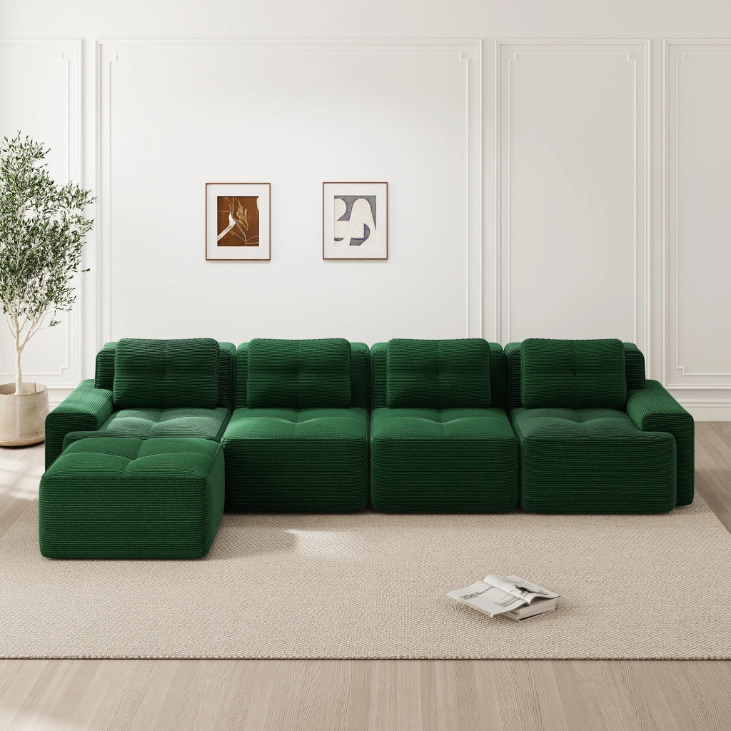 Divano modulare 4 posti in velluto a coste; seduta profonda; ampi braccioli; verde; 74 cm