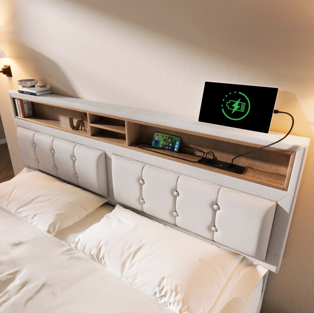 Letto matrimoniale imbottito 140x200 cm in lino beige con testiera regolabile; USB e contenitore