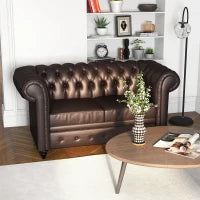 Divano 2 Posti stile Chesterfield con Cuscino Rimovibile, in Ecopelle, Legno e Metallo, 160x84x80 cm, Marrone