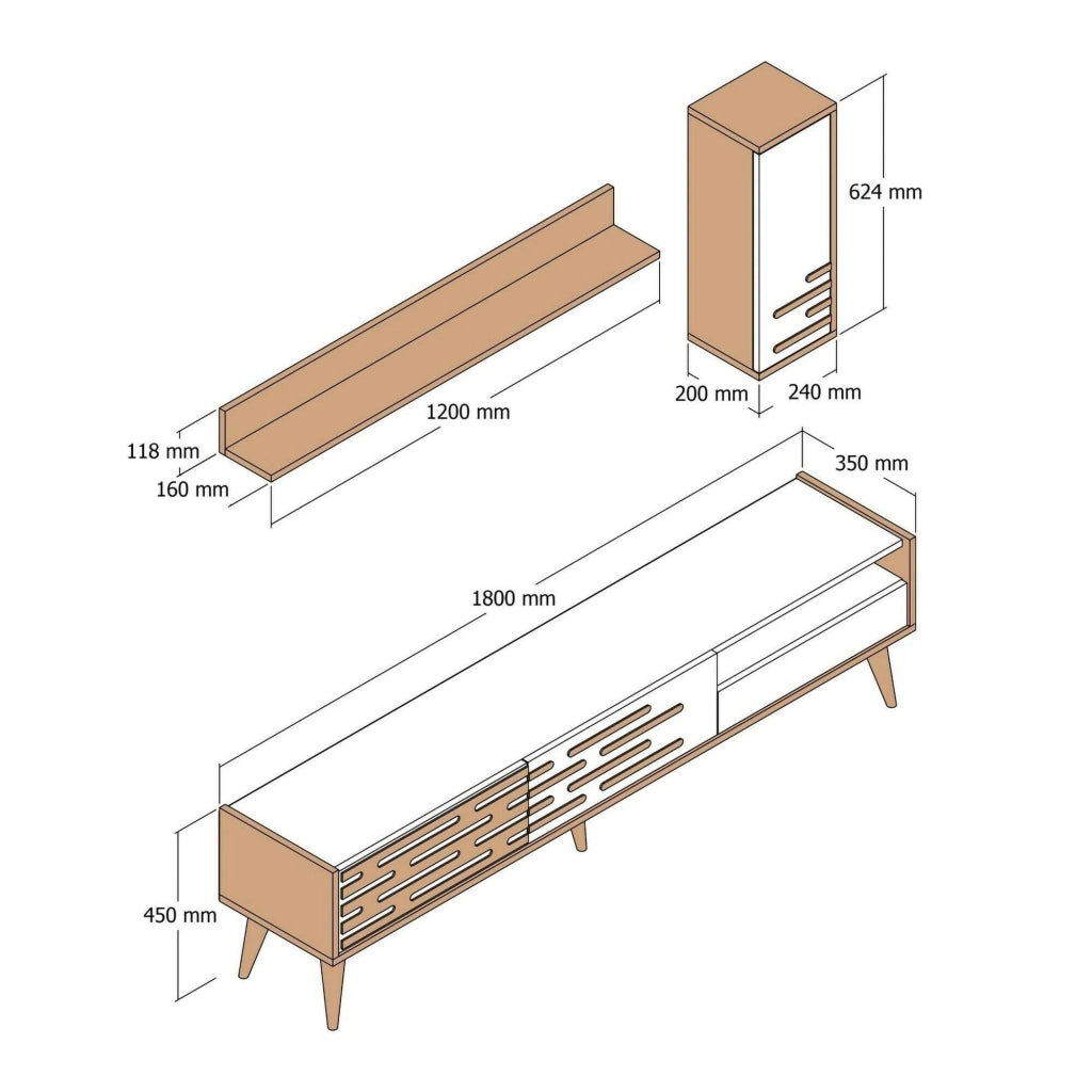 Mobile porta TV Upana, Credenza da soggiorno, Armadio basso per TV, Base parete attrezzata, 180x45h35 cm, Bianco e Noce