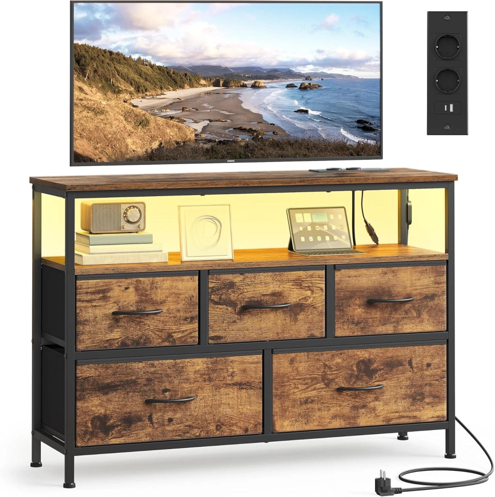 SONGMICS BELLAH Collezione - Cassettiera con LED Regolabile Controllato da APP, Mobile con Prese, 1 Ripiano, 5 Cassetti, Moderno, Bianco Nuvola LGS723WH01