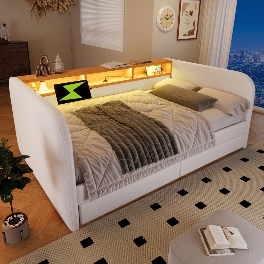 LETTO Imbottito 140x190 cm Beige con LED, USB-C e 2 cassetti
