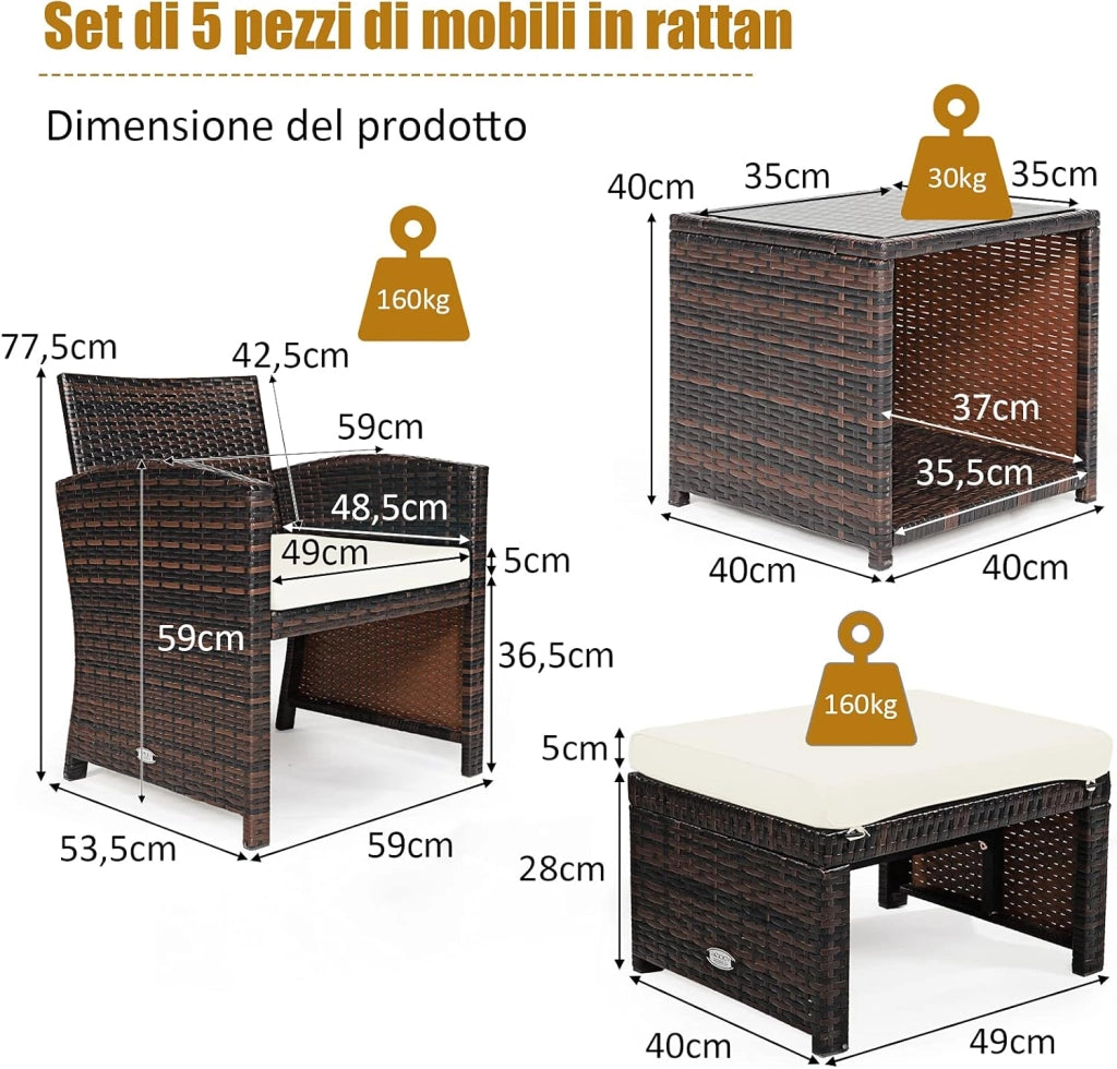 Set di 5 Mobili in Rattan, Set Conversazione da Esterno con Sedia e Ottomana e Tavolino da Caffè in Vetro Temperato, Braccioli Imbottiti, Perfetto per Giardino Cortile Piscina (Bianco)