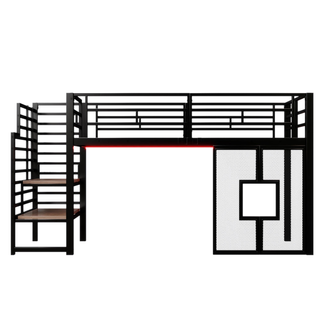 Letto a soppalco 90x200 cm in metallo con scala contenitore e LED