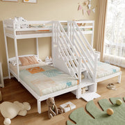 Letto a soppalco per bambini 90x200 cm con 3 letti; scala contenitore con cassetti; pino e MDF; bianco