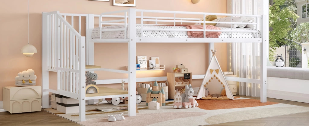 Letto alto semialto bianco con scala portaoggetti in MDF e metallo 90x200 cm