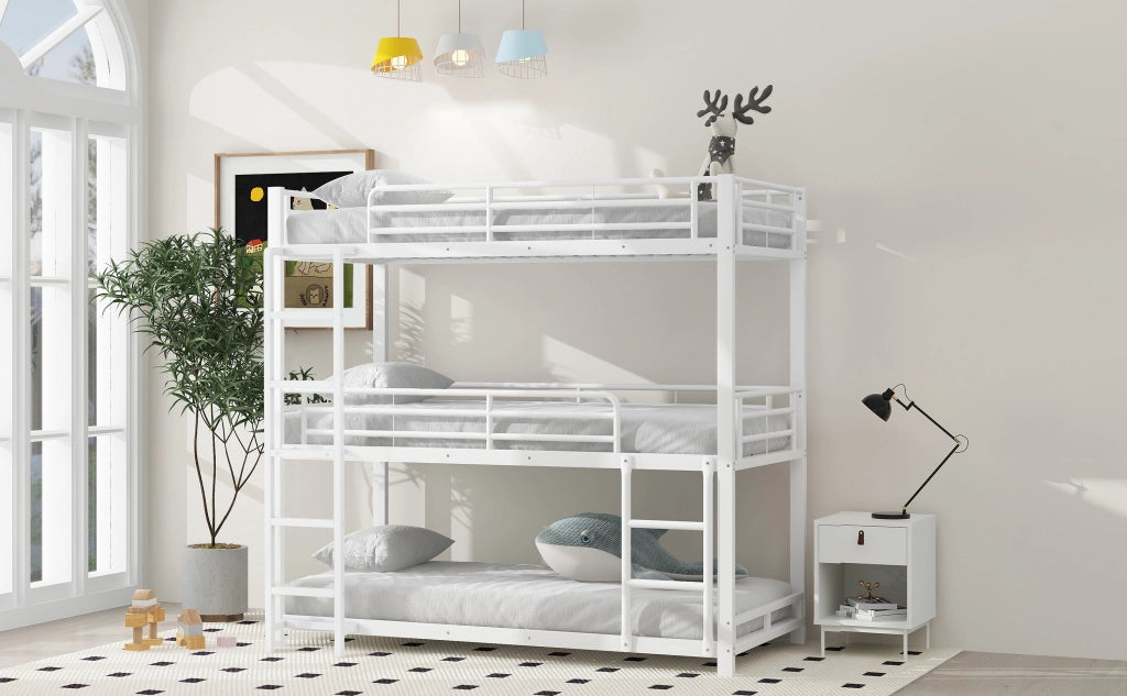 DESMIU Letto a castello 90 × 200 cm 3 posti con scala e sponde, senza materasso, in metallo, bianco