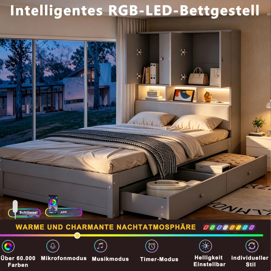 Letto in legno 90 x 200 cm, testiera imbottita, con vano portaoggetti, illuminazione a LED, presa di corrente, 2 cassetti, grigio