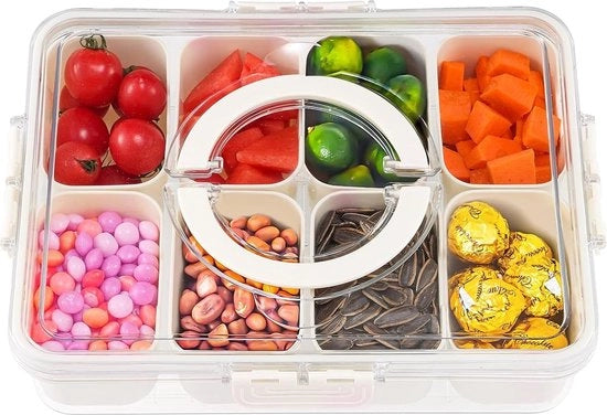 Snackbox con 8 celle, snack contenitore con coperchio, snack tavolo con maniglia di trasporto, box di classificazione trasparente per caramelle, frutta secca, frutta - ideale per feste e pic nic.
