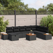 Set di Divani da Giardino da 9 Pezzi con Cuscini Nero Polyrattan