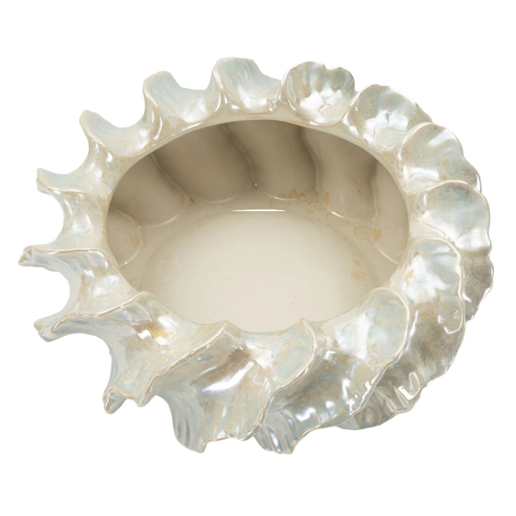 Cachepot Perly largo in ceramica perlata con decoro a conchiglia