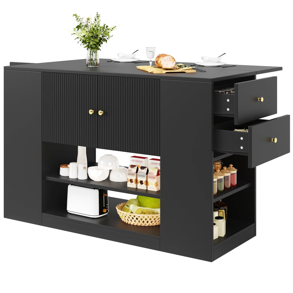 Isola cucina nera con piano pieghevole; cassetti e ripiani; 140 x 40 x 90 cm